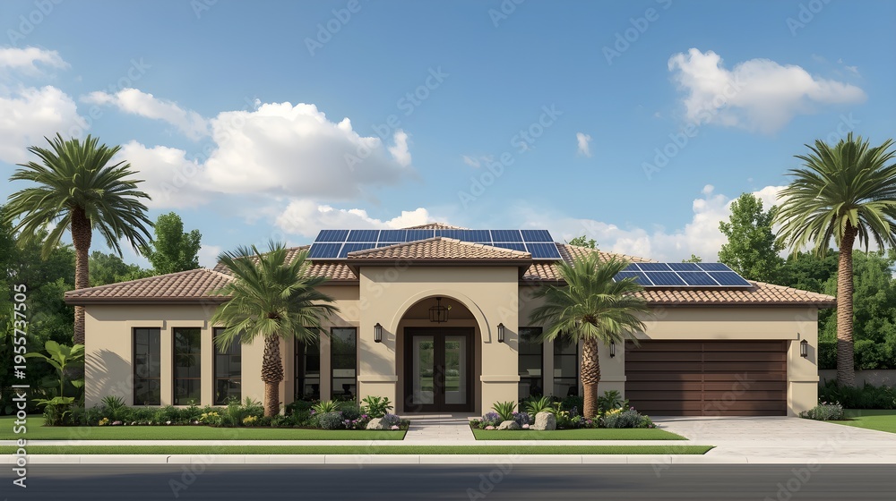 Fototapeta premium Modern Mediterranean-style home with solar panels on red tile roof under sunny blue sky