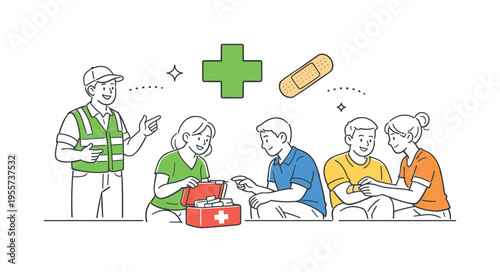 Workplace safety training scenario where employees learn how to access and use a first aid kit during minor emergencies, symbolizing responsibility, preparedness, and practical