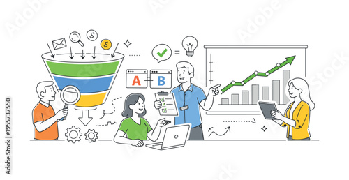 Digital marketing analytics and conversion optimization concept illustrating a team improving campaign effectiveness through data evaluation and testing, using a funnel diagram and
