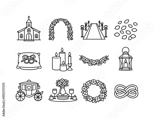 Wedding ceremony elements set: chapel building, flower arch, aisle runner carpet, flower petals, ring pillow cushion, wedding candle set, garland decoration, decorative lantern