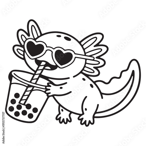 Cute Axolotl Drinking Boba Tea Vector