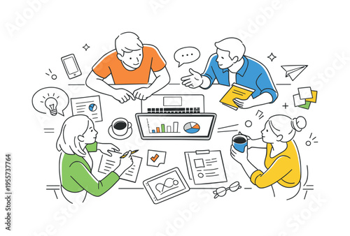 Coworking collaboration scene viewed from above where professionals work together around a shared workspace while discussing ideas and reviewing projects, a large shared desk and