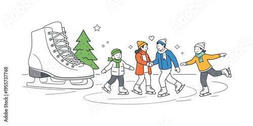 Community winter skating moment where a small group of people glides across a smooth ice surface while a large pair of figure skates and a simple pine tree stand nearby