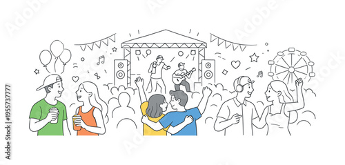 Public event panorama and social engagement concept where diverse groups participate in a festive environment filled with music and activities, featuring a central stage and crowd