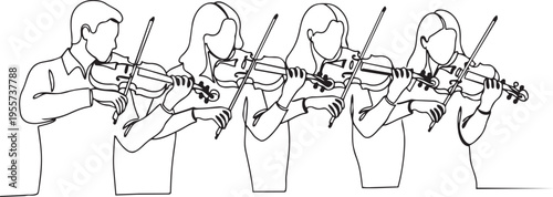 Four violinists playing in a synchronized manner with their instruments.