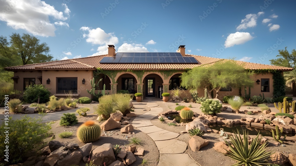 Obraz premium Modern desert eco-friendly adobe home with courtyard and native landscaping under clear blue sky