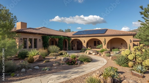 Serene Mediterranean style eco-friendly villa with terracotta roof and desert garden under clear blue sky