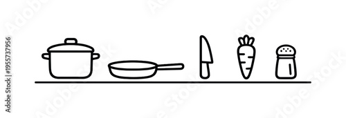 Kitchen cooking process and homemade meal preparation using simple tools and fresh ingredients for everyday food creation, cooking pot, frying pan, knife, carrot, and salt shaker