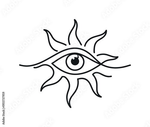 Mystical sun and eye concept representing awareness, intuition, and insight in modern spiritual wellness and personal growth themes, a minimal eye shape smoothly transforming into