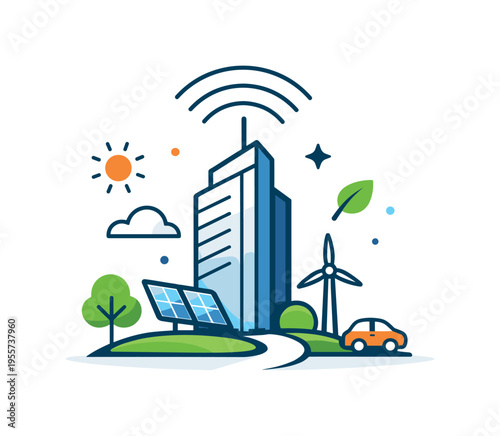 Smart infrastructure awareness and connected urban environments highlighting sustainability and technology integration in future city planning, a stylized tall building combined