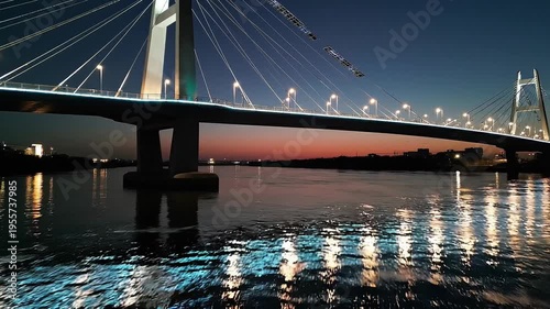 Illuminated Cable Stayed Bridge Over Water at Dusk with Cityscape Silhouette