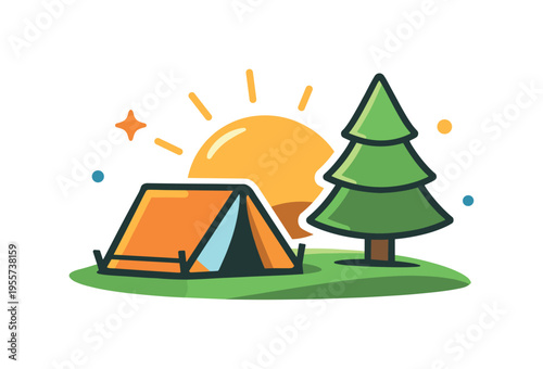 Mindful outdoor adventure and digital detox away from daily work pressure, a compact camping tent beside a stylized pine tree with a rising sun behind them representing renewal