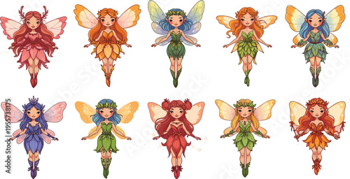 Eight fantasy fairies in colorful costumes standing in two rows on white background