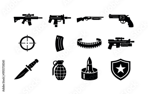Soldier weapon gear: rifle with scope, submachine gun, shotgun, revolver pistol, crosshair target scope, ammo magazine clip, bullet belt ammunition, grenade launcher rifle