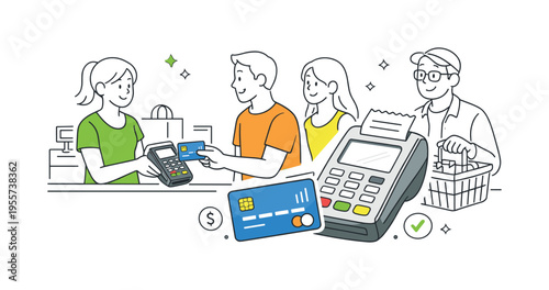 Retail checkout moment where a shopper pays with a credit card while a cashier processes the purchase through a digital payment device, a credit card and a payment terminal forming