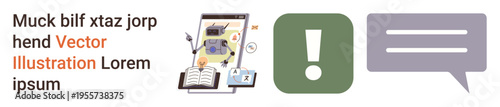 Digital tools, online education, data security, visual content, communication, modern technology. Open book, tablet showing a robot exclamation mark and speech bubble. Digital tools and online