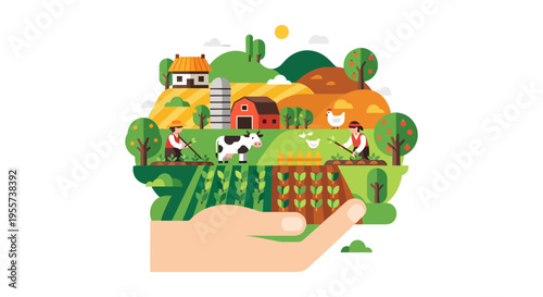 Hand Holding Sustainable Farm Landscape Illustration: Agriculture, Farmers, Livestock, and Crops in Flat Design Vector for Ecology and Stewardship.