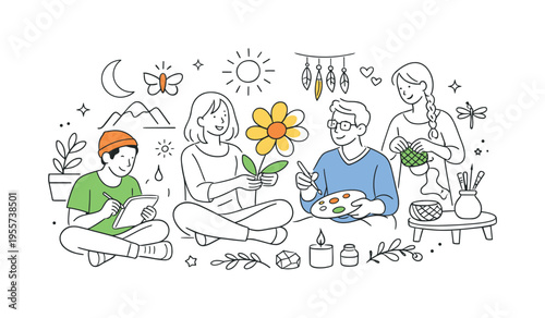 A creative pattern design concept focusing on handcrafted aesthetics and natural motifs in a modern artistic setting, using a collection of simple boho elements and a single flower