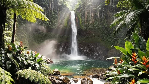 Lush Tropical Rainforest Waterfall with Sunbeams Illuminating Turquoise Pool and Vibrant Green Foliage