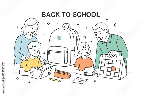 Back to School moment showing parents and children preparing for the first day of classes while reviewing school materials and planning the upcoming learning routine, symbolizing