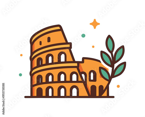Classic Roman architecture symbolizing ancient civilization and historical travel experiences in Italy, a stylized Colosseum with curved outer walls placed beside a simple laurel