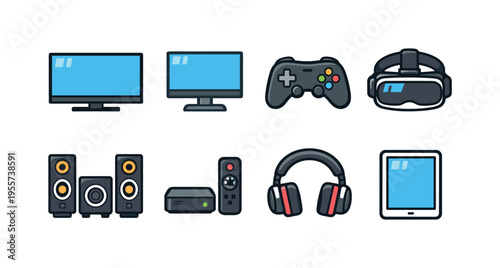Multimedia entertainment devices: flat screen television, desktop monitor, video game controller, VR headset, surround speaker, streaming media box, wireless headphones, tablet