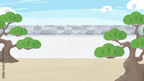 瓦屋根の塀と空の和風な背景イラスト_松の木_16:9