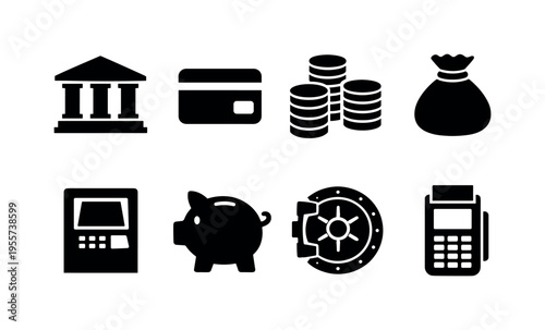 Finance and banking essentials: bank building, credit card, coin stack, money bag, ATM machine, piggy bank, bank vault door, payment terminal