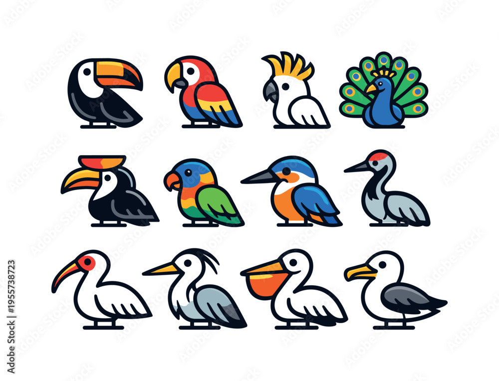 Fototapeta premium Tropical and exotic birds: toucan, macaw, cockatoo, peacock, hornbill, lorikeet, kingfisher, crane, ibis, heron, pelican, albatross
