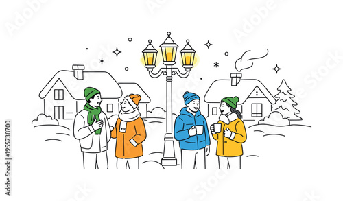 Cozy winter community gathering concept where several people stand near a small group of village houses with snow-covered roofs and a central lantern post, representing