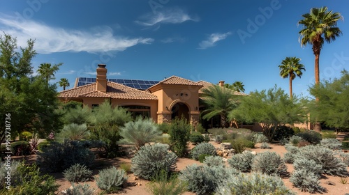 Sustainable Mediterranean style villa with lush desert landscaping under clear blue sky
