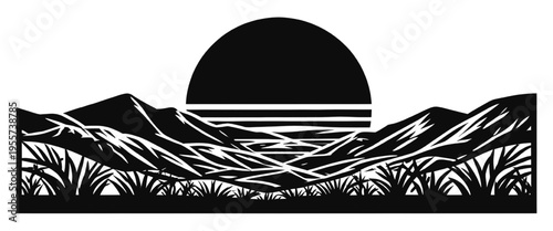 mountain valley silhouette with large sun on horizon layered hills flowing terrain lines and grass foreground bold black vector for cricut vinyl cutting laser engraving stencil outdoor and travel