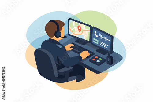 Operator working at a dispatch console with multiple screens.