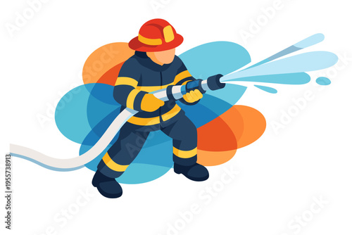 Firefighter spraying water from hose with colorful abstract shapes.