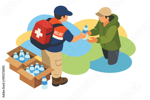Aid worker gives water bottles to person in need.