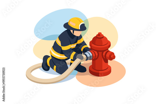 Firefighter in uniform connecting hose to red fire hydrant.