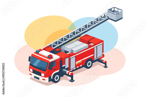 Red Fire Truck with Extended Ladder and Outriggers.