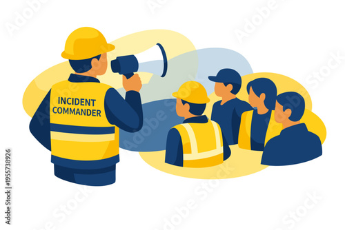 Incident commander speaking to team using megaphone safety vests.