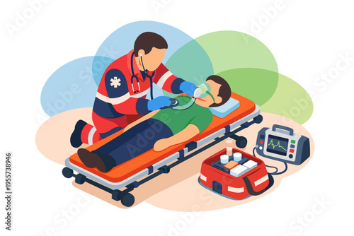 Paramedic Provides Emergency Medical Care to Patient on Stretcher.