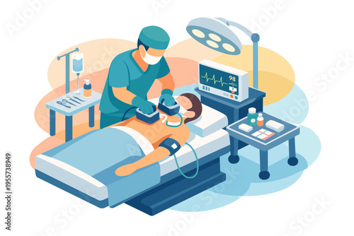 Surgeon performs emergency resuscitation on patient with defibrillator paddles.