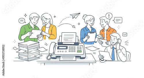 Office communication in a traditional workplace using a retro fax machine placed on a simple desk while a small team collaborates around printed documents and incoming pages, the