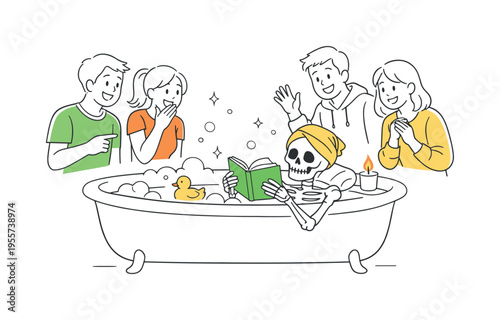 Lighthearted wellness moment where friends notice a relaxed skeleton enjoying a quiet bath while reading during a break from busy routines, a simple bathtub and an open book acting