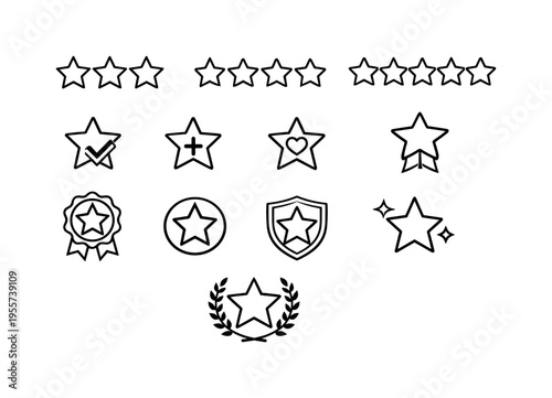 Customer review stars set: row of three stars, row of four stars, row of five stars, star with check mark, star with plus sign, star with heart center, star with ribbon, star award