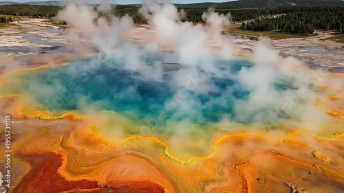 Vibrant Hot Spring With Colorful Mineral Deposits Emitting Steam Under Natural Daylight