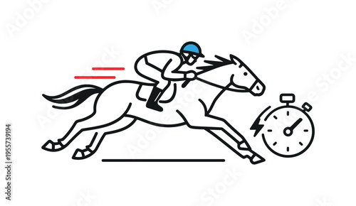 Competitive sports performance and high speed achievement in professional horse racing events capturing determination and strategic focus, a simplified jockey riding a galloping