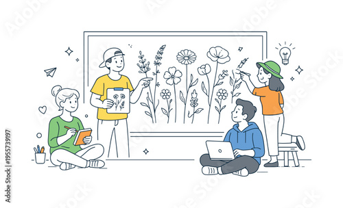 Natural elements collection and floral design resource concept where designers create a set of wildflower sketches for use in creative projects and branding, featuring varied