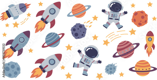 Colorful illustration of astronauts rockets planets and stars in space for kids