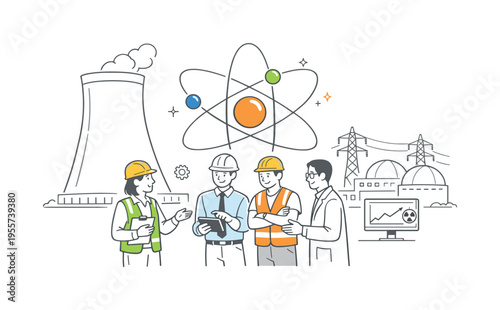 Industrial nuclear energy management scene where a small group of engineers collaborates beside a large nuclear cooling tower and a prominent atomic symbol, representing organized
