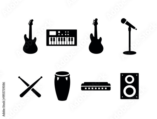 Band music instruments: electric guitar, keyboard synthesizer, bass guitar, microphone stand, drumsticks pair, conga drum, harmonica, music speaker