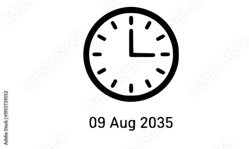 Simple Analog Clock Icon with Date 09 August 2035, Minimal Time and Deadline Concept Illustration for Business, Calendar and Countdown Design